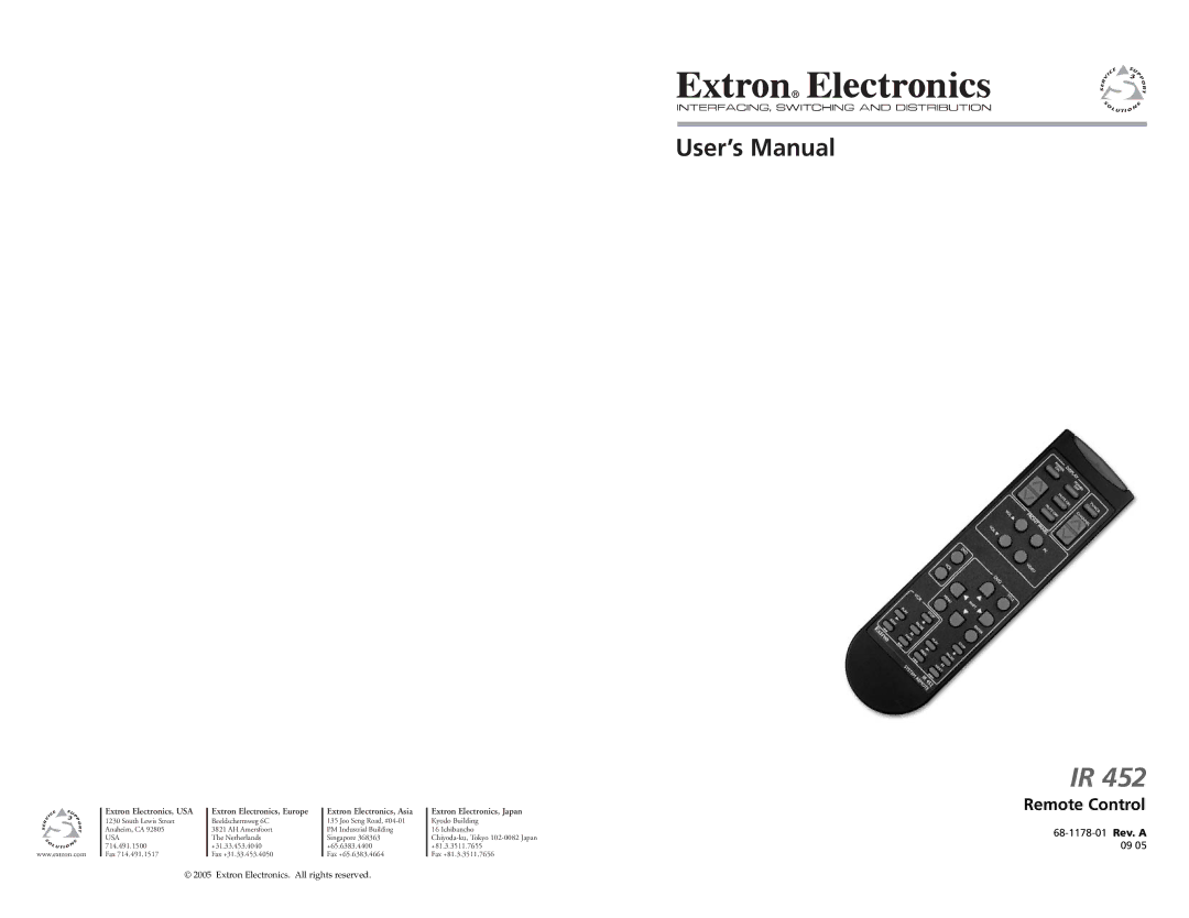 Extron electronic IR 452 user manual User’s Manual, Remote Control 