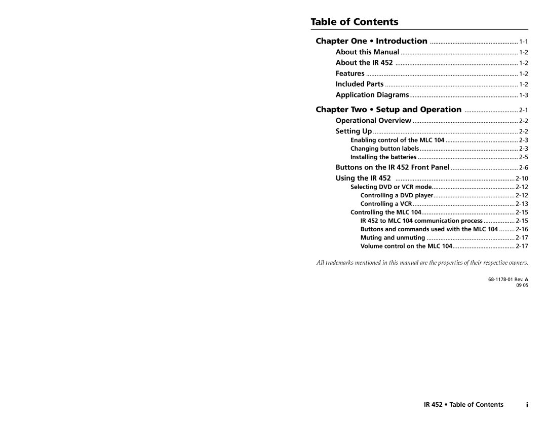 Extron electronic IR 452 user manual Table of Contents 