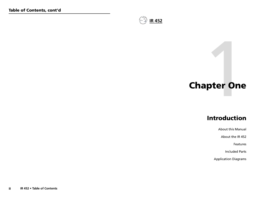 Extron electronic IR 452 user manual One, Table of Contents, cont’d 