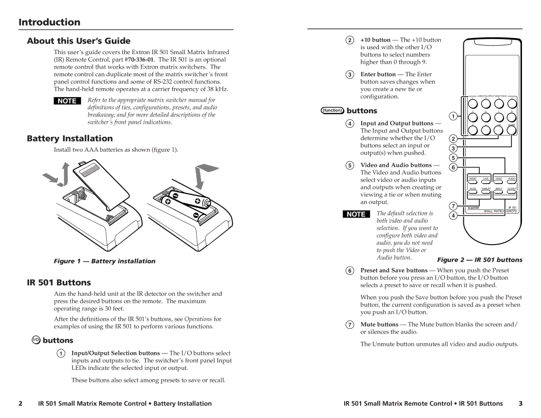 Extron electronic manual OperationsIntroduction, About this User’s Guide, Battery Installation, IR 501 Buttons 