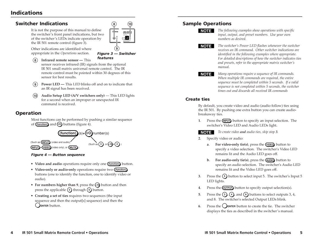 Extron electronic IR 501 manual OperIndications, Switcher Indications, Sample Operations, Create ties 