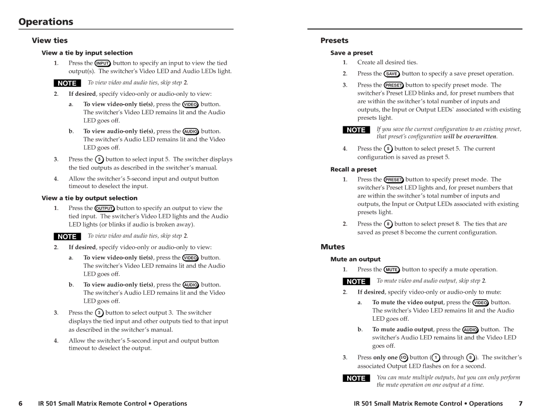 Extron electronic IR 501 manual View ties, Presets, Mutes 