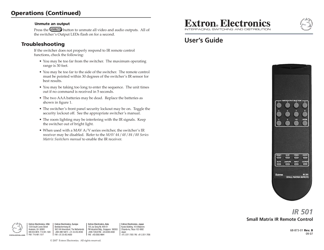 Extron electronic IR 501 manual Operations, Troubleshooting, Small Matrix IR Remote Control, Unmute an output 