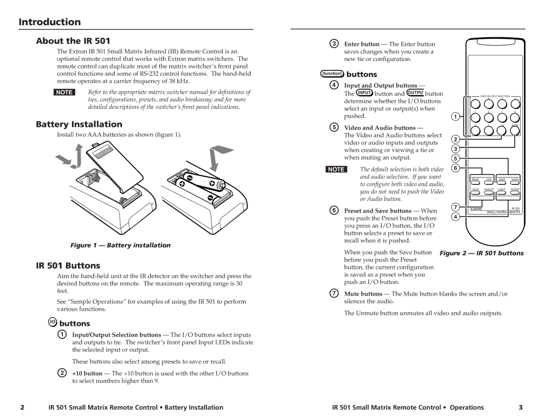 Extron electronic manual Introduction, About the IR, Battery Installation, IR 501 Buttons 