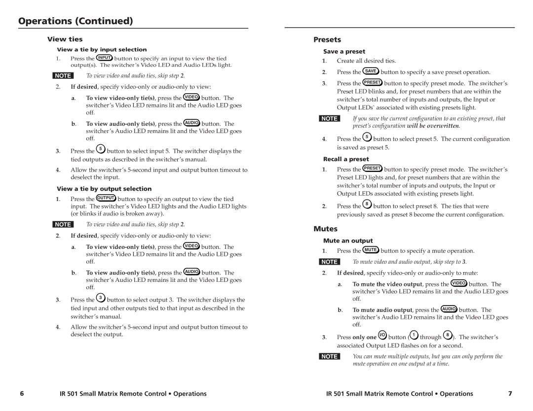 Extron electronic IR 501 manual Presets, Mutes 