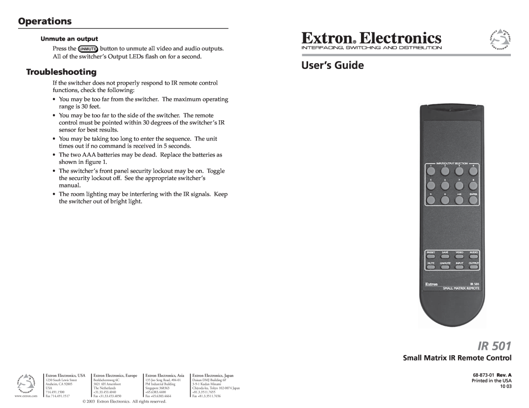 Extron electronic IR 501 manual Operations Continued, Troubleshooting, Small Matrix IR Remote Control, Unmute an output 