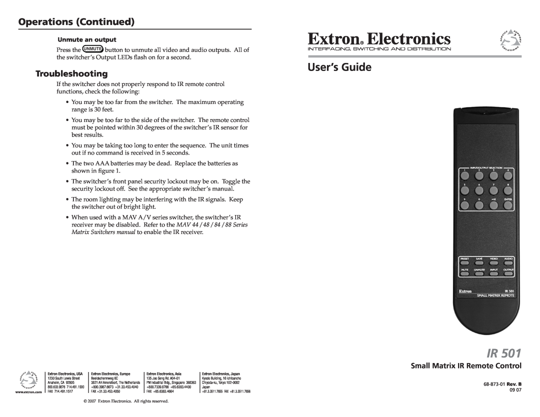 Extron electronic IR 501 manual Operations, Troubleshooting, Small Matrix IR Remote Control, Unmute an output 
