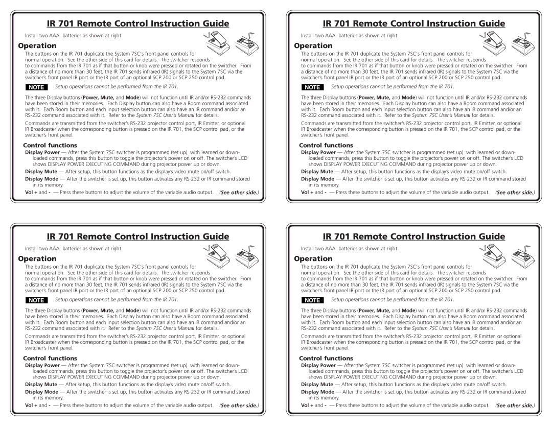 Extron electronic user manual IR 701 Remote Control Instruction Guide, Control functions 