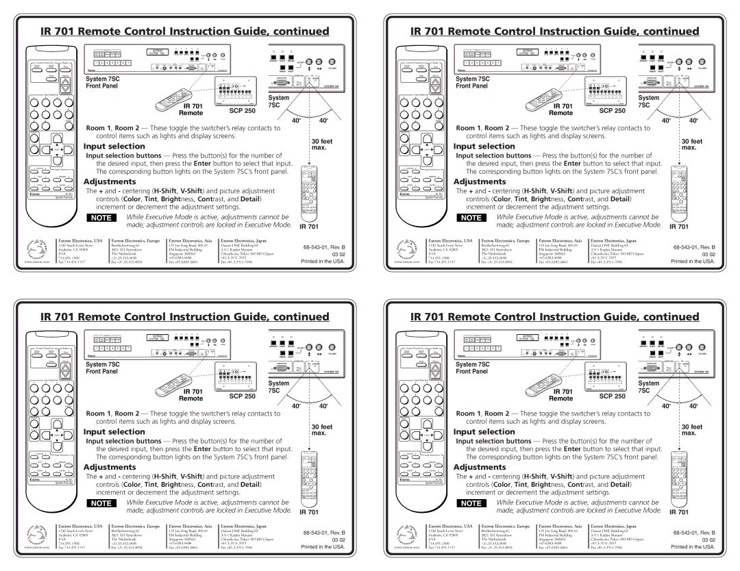 Extron electronic IR 701 user manual Input selection, Adjustments 