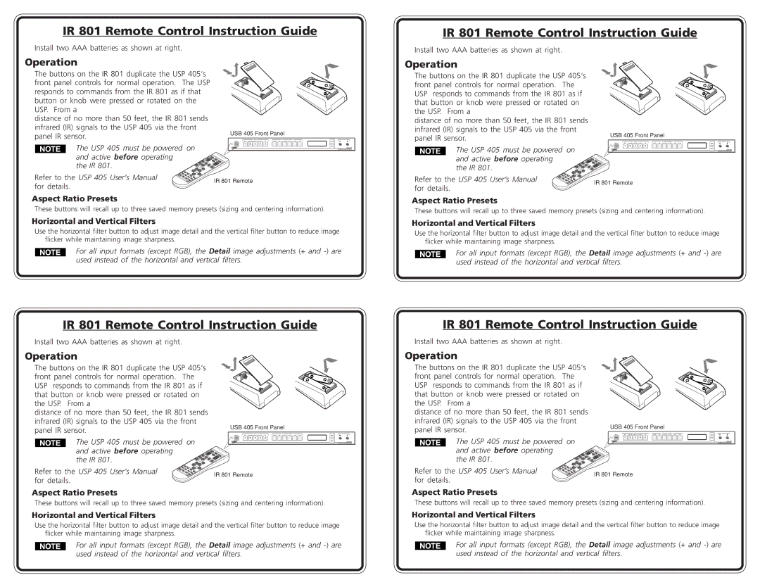 Extron electronic IR 801 user manual Aspect Ratio Presets, Horizontal and Vertical Filters 