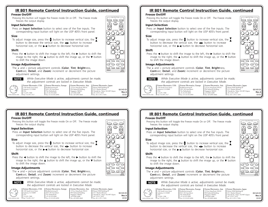 Extron electronic IR 801 user manual Freeze On/Off, Input Selection, Size, Shift, Image Adjustments 