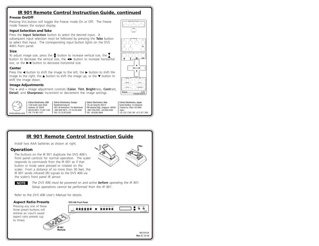 Extron electronic IR 901 user manual Freeze On/Off, Input Selection and Take, Size, Center, Image Adjustments 