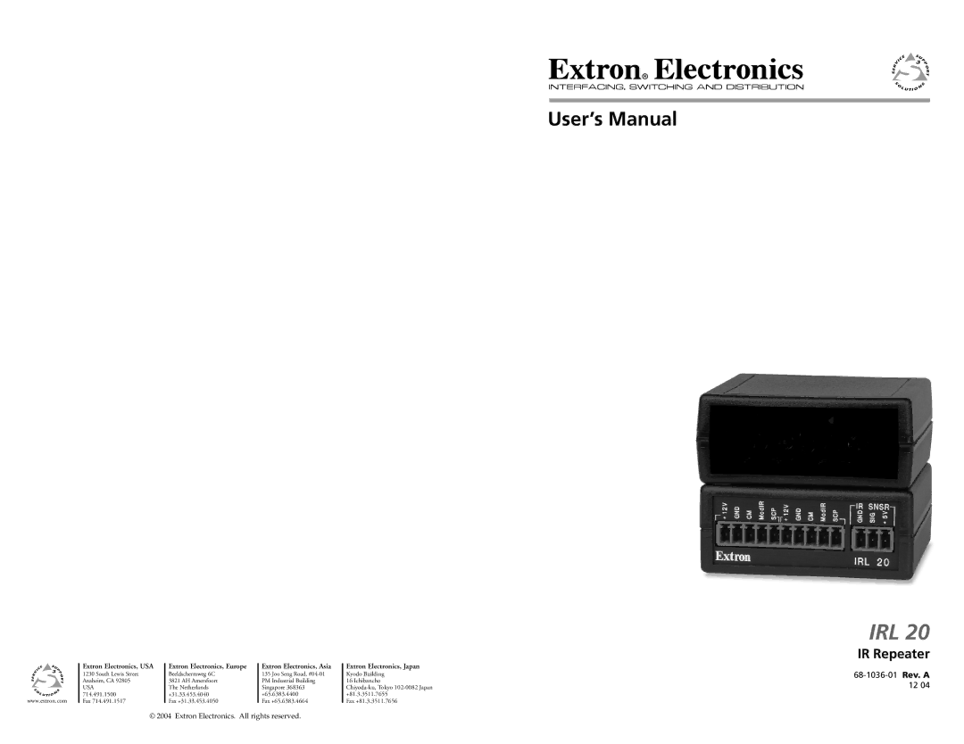 Extron electronic IRL 20 user manual Irl, IR Repeater 