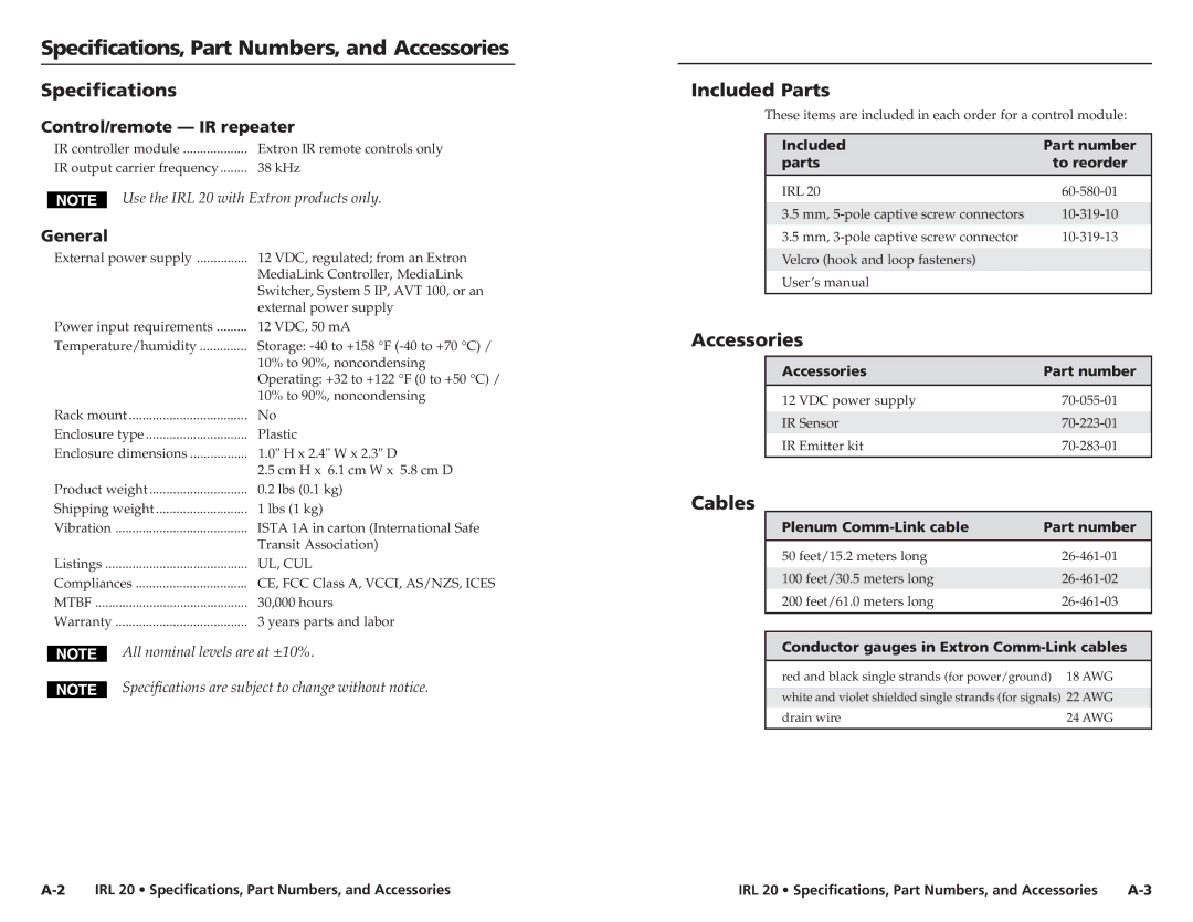 Extron electronic IRL 20 user manual Specifications, Part Numbers, and Accessories, Included Parts, Cables 