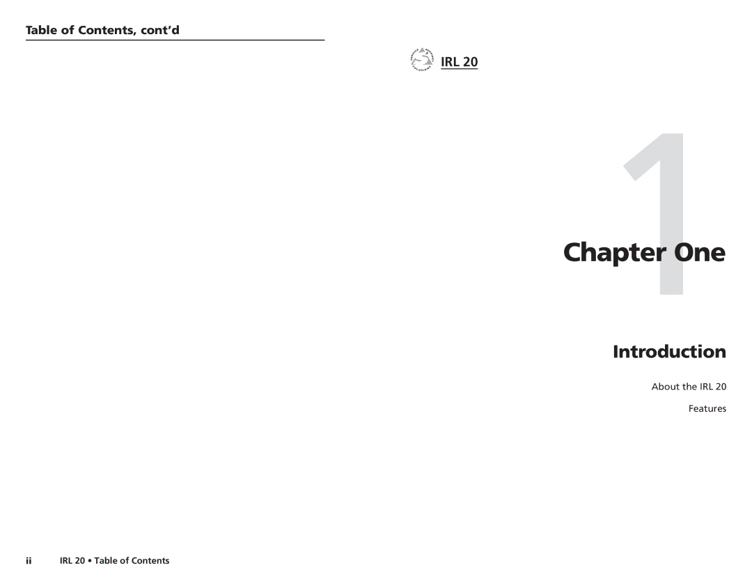 Extron electronic IRL 20 user manual One, Introduction, Irl, Table of Contents, cont’d 