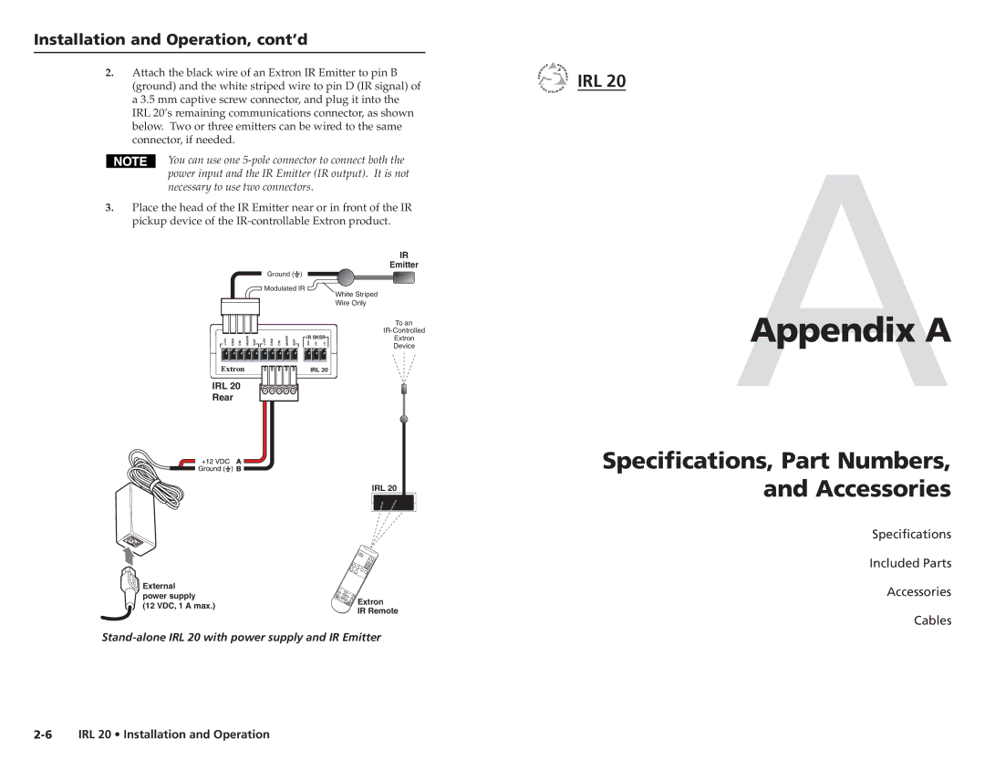 Extron electronic IRL 20 user manual AAppendix a, Specifications, Part Numbers, and Accessories 