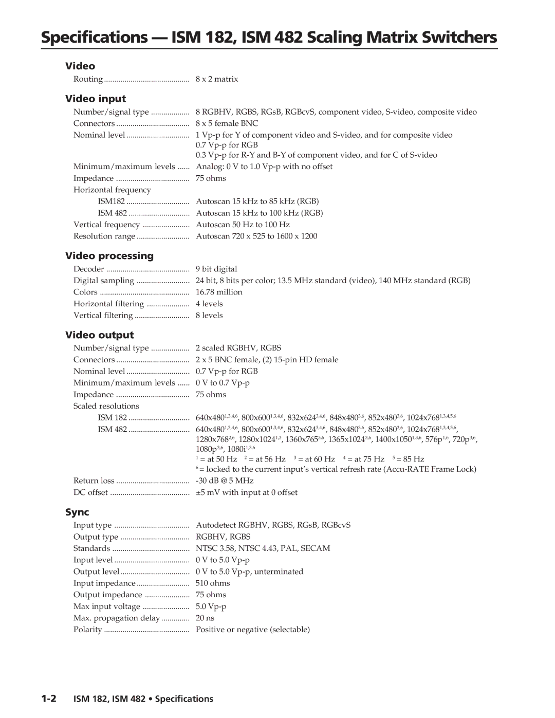 Extron electronic ISM 182 specifications Video input, Video processing, Video output, Sync 