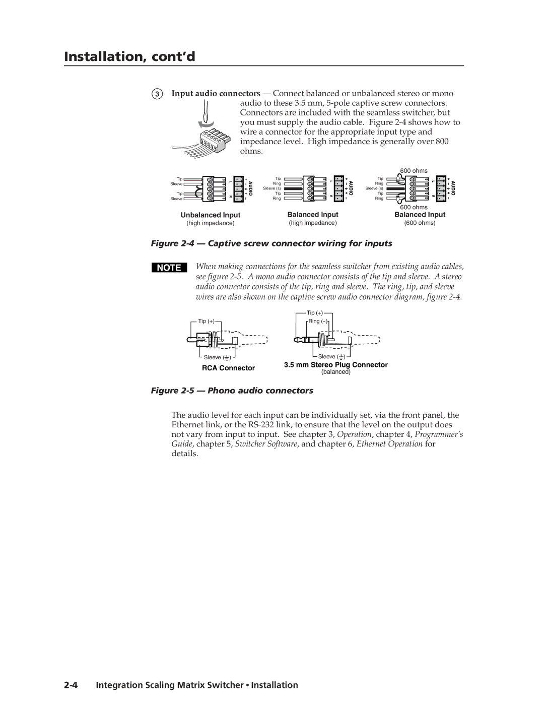 Extron electronic ISM 182 manual Installation, cont’d, Captive screw connector wiring for inputs 