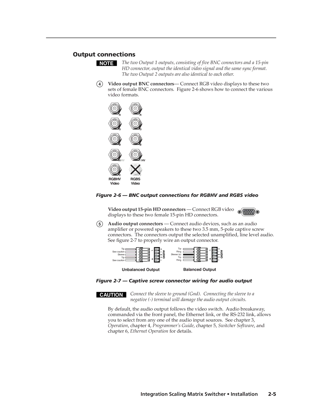 Extron electronic ISM 182 manual Output connections, BNC output connections for Rgbhv and Rgbs video 