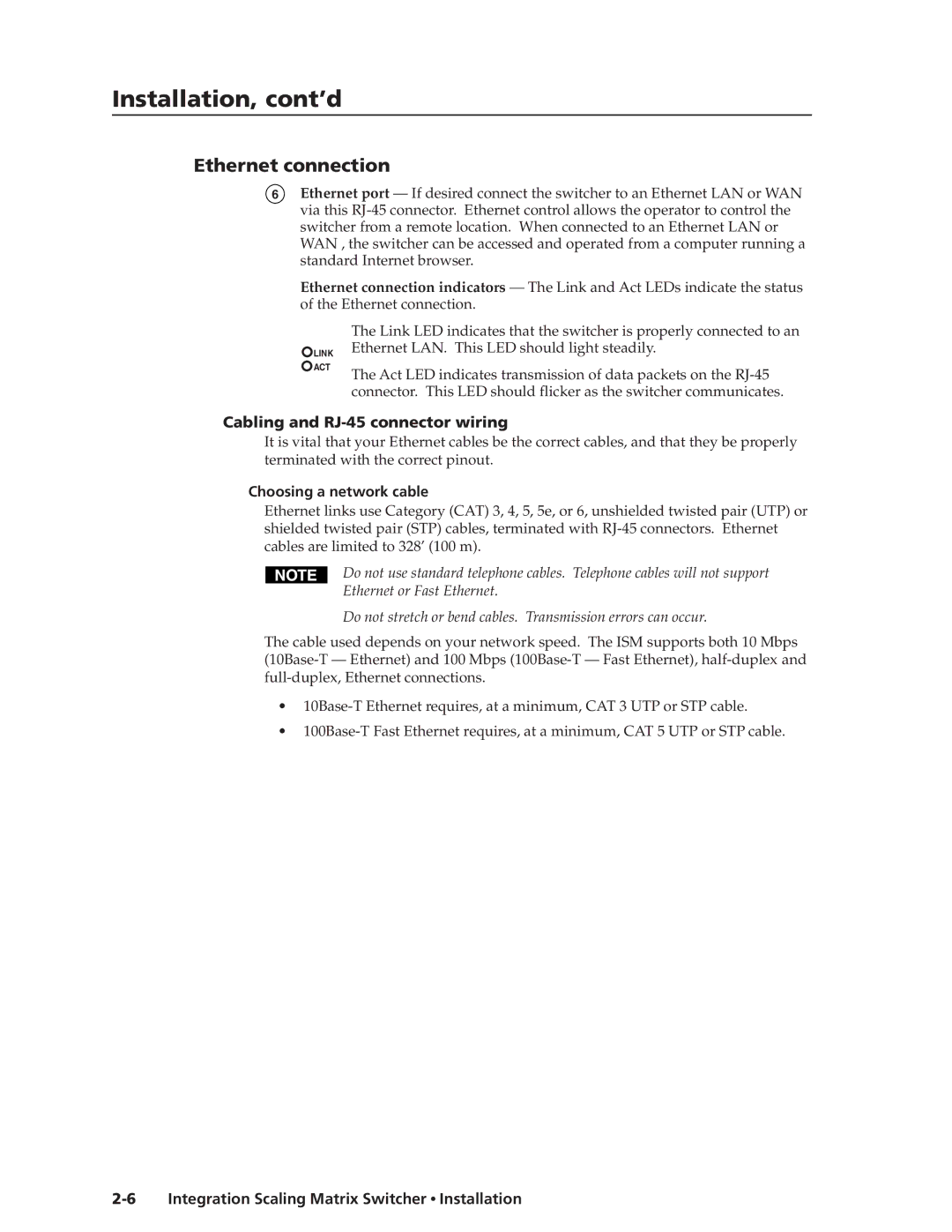 Extron electronic ISM 182 manual Ethernet connection, Cabling and RJ-45 connector wiring, Choosing a network cable 