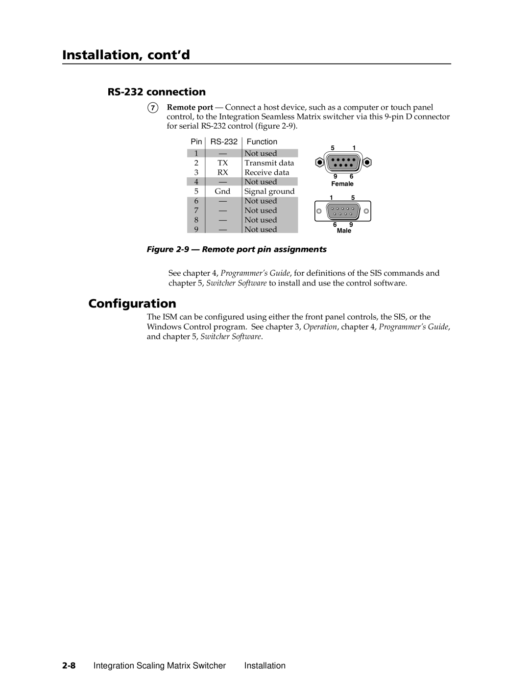 Extron electronic ISM 182 manual Configuration, RS-232 connection 