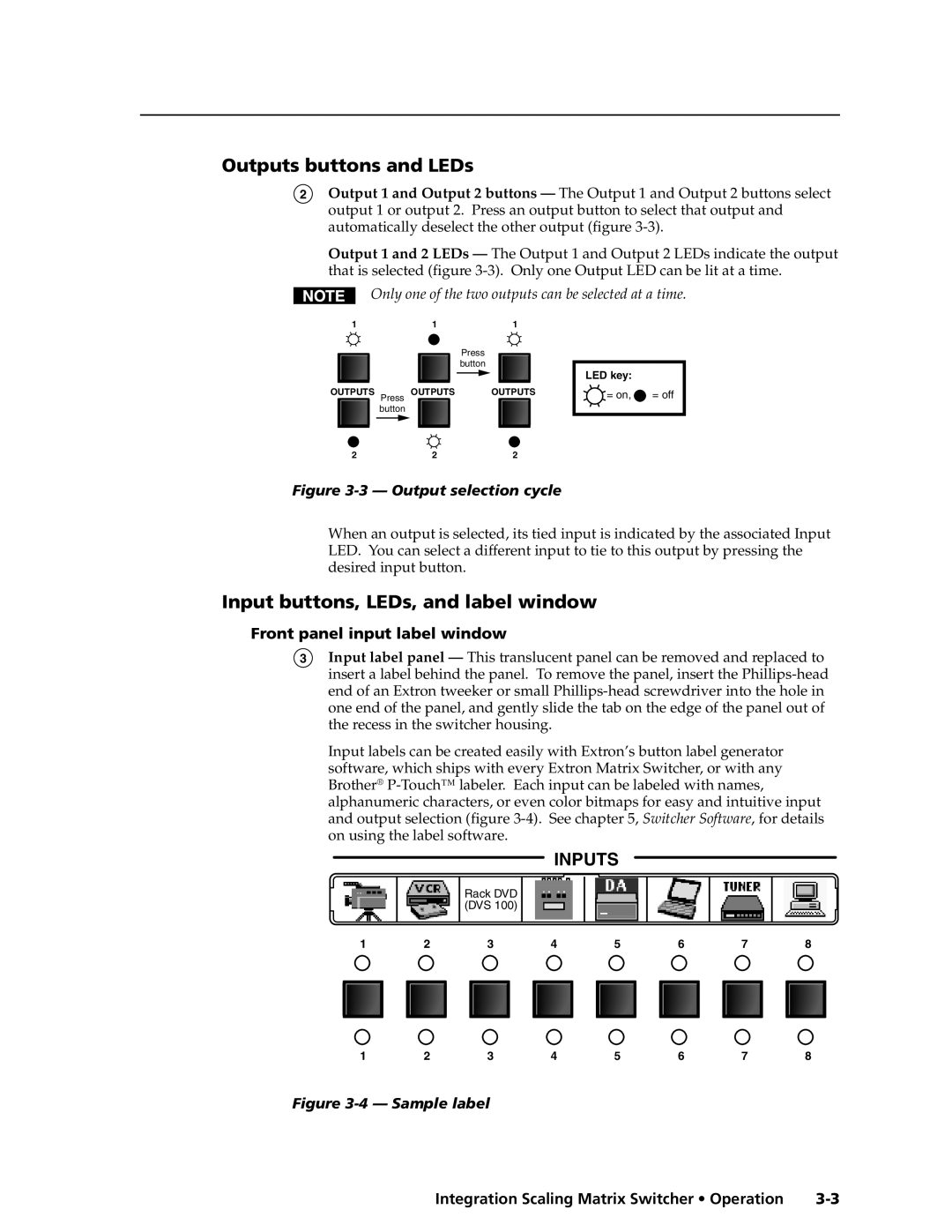 Extron electronic ISM 182 Outputs buttons and LEDs, Input buttons, LEDs, and label window, Front panel input label window 