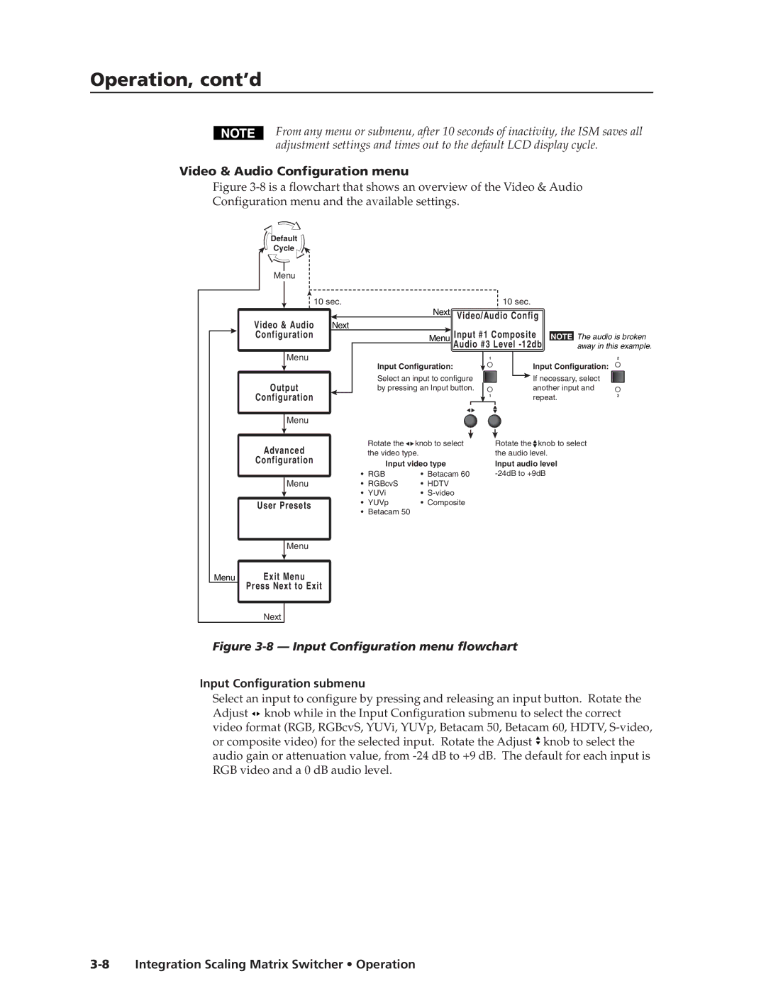 Extron electronic ISM 182 manual Video & Audio Configuration menu, Input Configuration submenu 