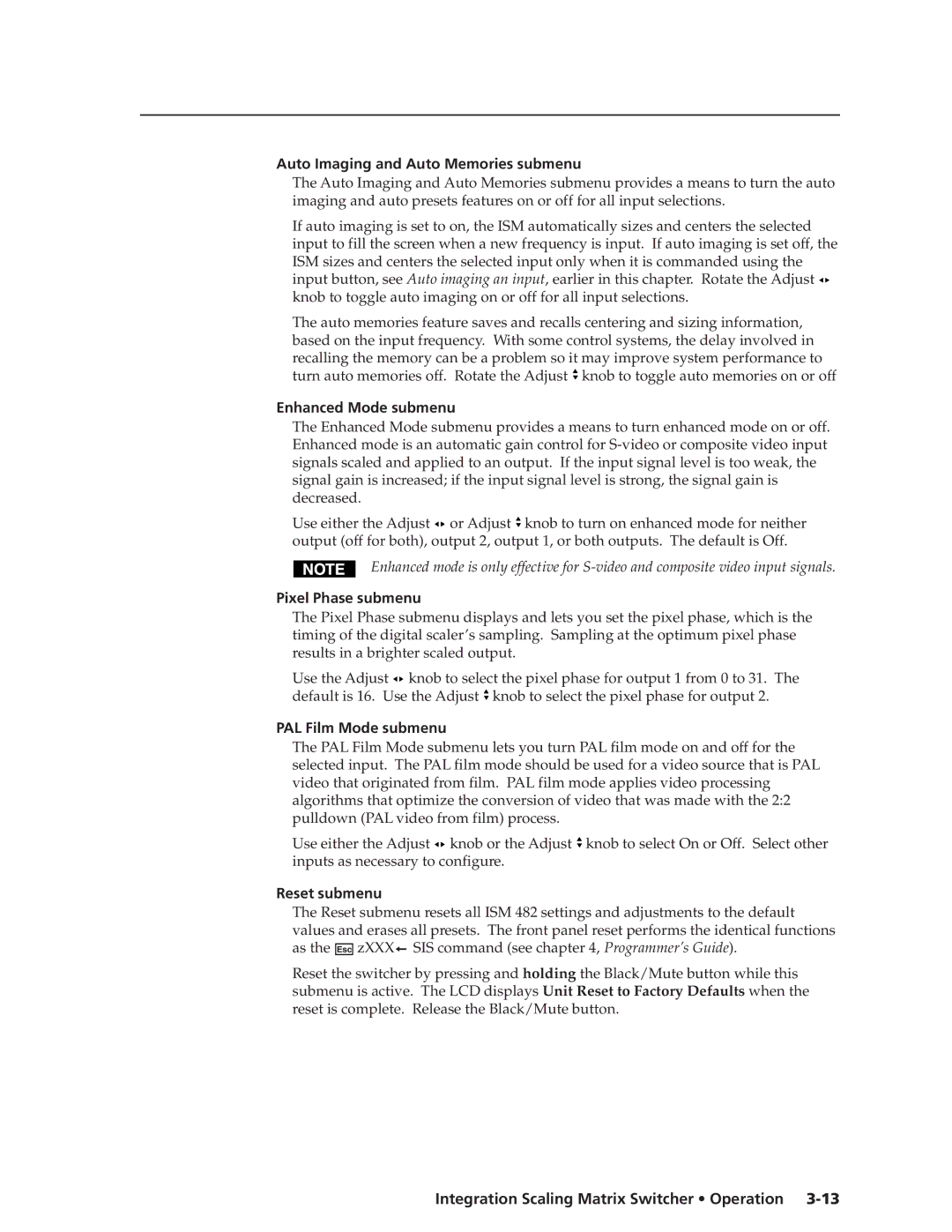 Extron electronic ISM 182 manual Auto Imaging and Auto Memories submenu, Enhanced Mode submenu, Pixel Phase submenu 