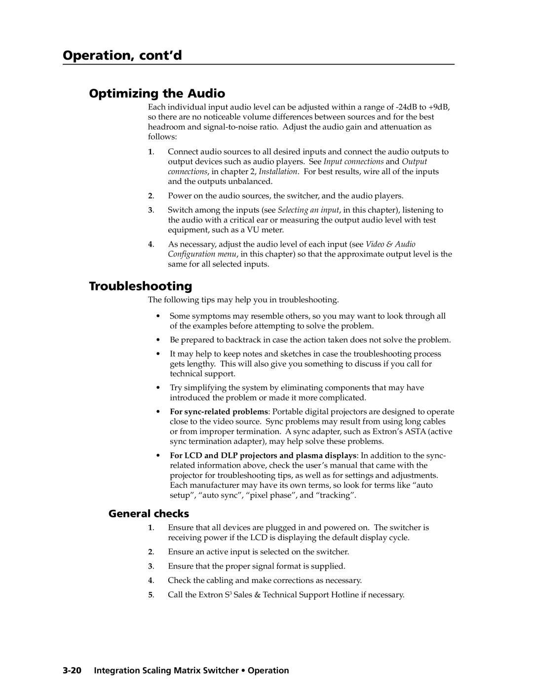 Extron electronic ISM 182 manual Optimizing the Audio, Troubleshooting, General checks 