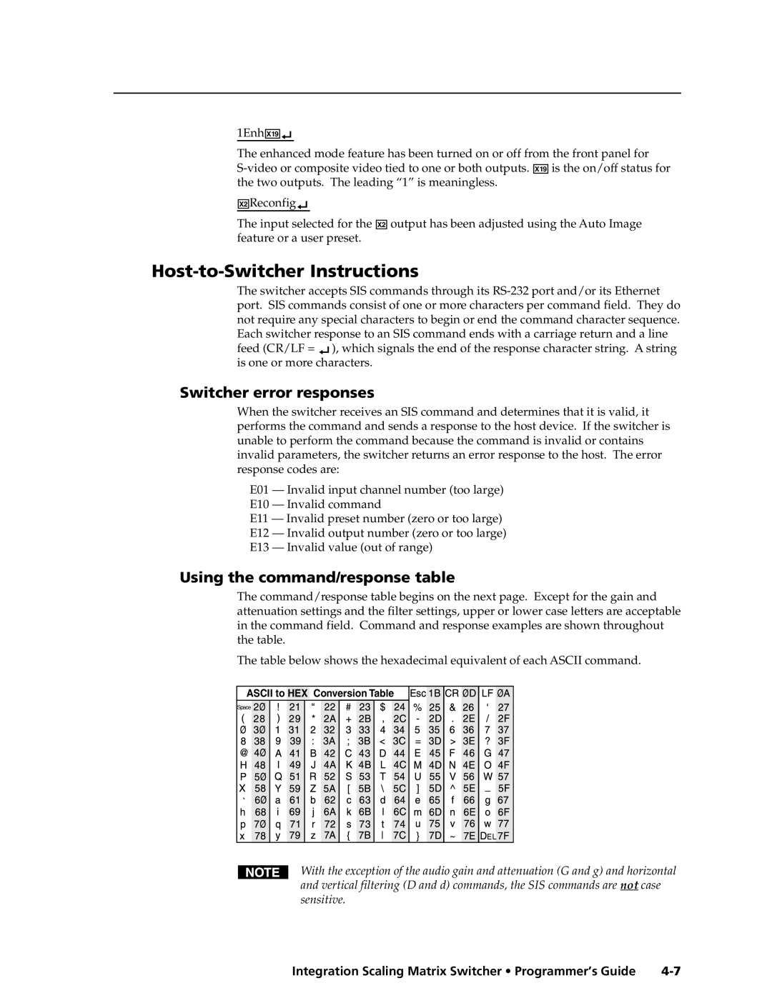 Extron electronic ISM 182 manual Host-to-Switcher Instructions, Switcher error responses, Using the command/response table 