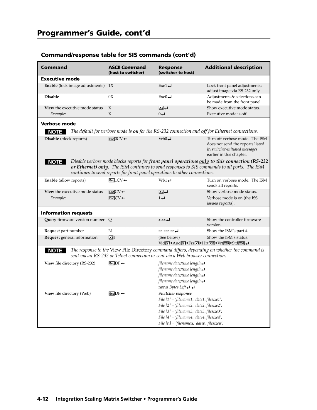 Extron electronic ISM 182 manual Executive mode, Verbose mode, Information requests 