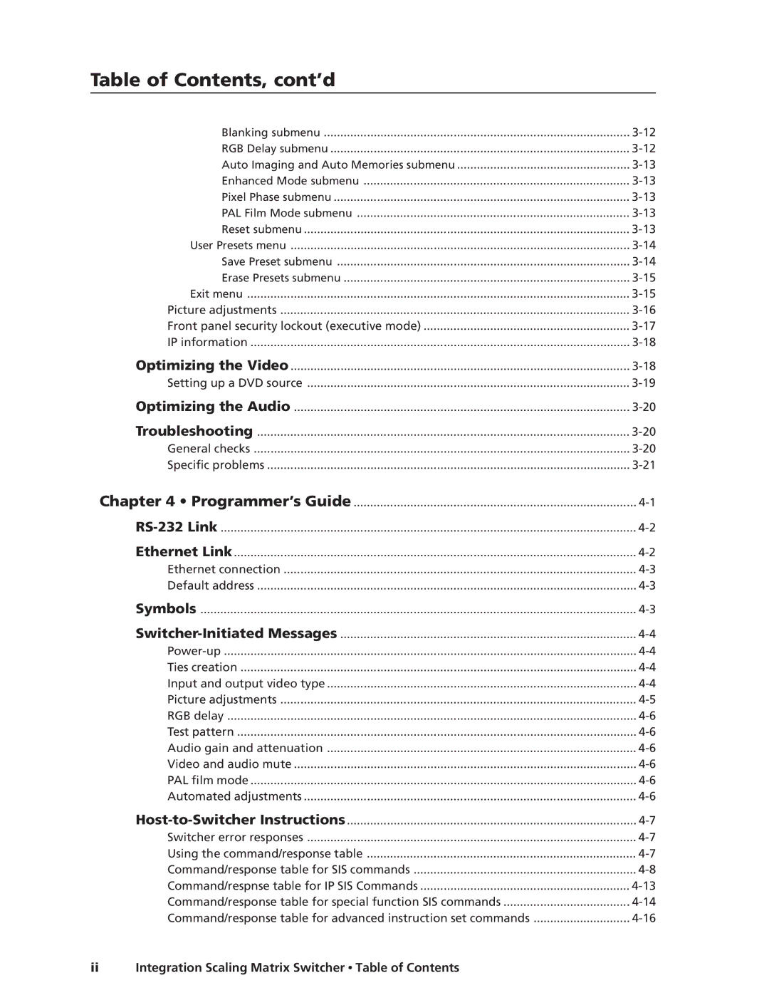 Extron electronic ISM 182 manual Table of Contents, cont’d 