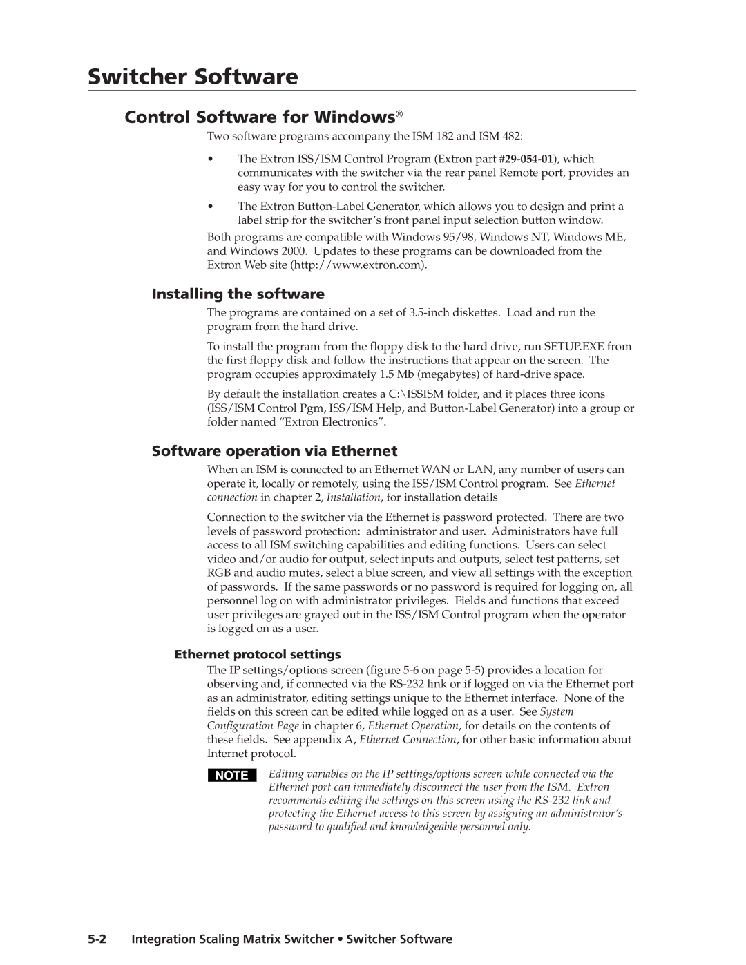 Extron electronic ISM 182 manual Control Software for Windows, Installing the software, Software operation via Ethernet 