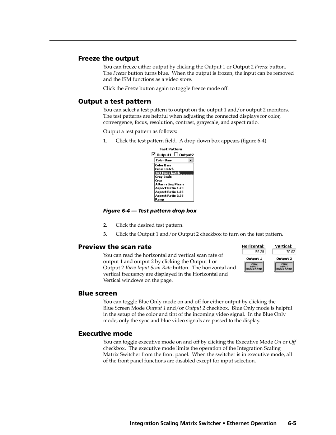 Extron electronic ISM 182 Freeze the output, Output a test pattern, Preview the scan rate, Blue screen, Executive mode 