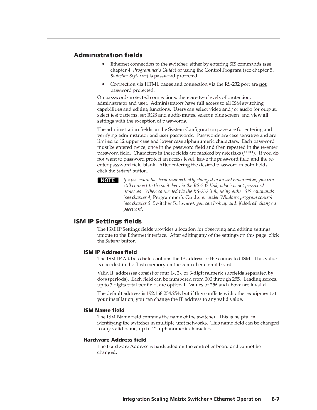 Extron electronic ISM 182 manual Administration fields, ISM IP Settings fields, ISM IP Address field, ISM Name field 