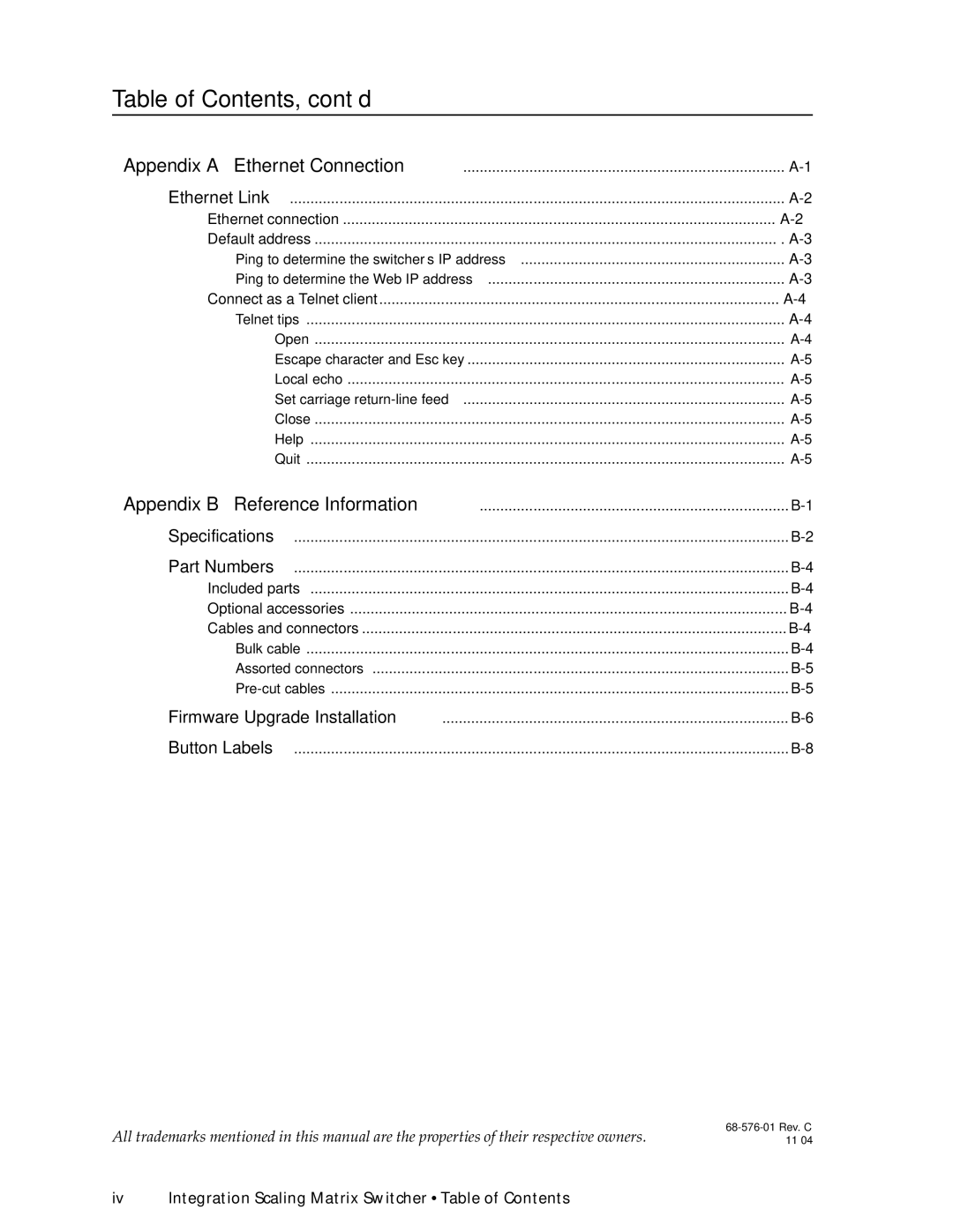 Extron electronic ISM 182 manual Iv Integration Scaling Matrix Switcher Table of Contents 