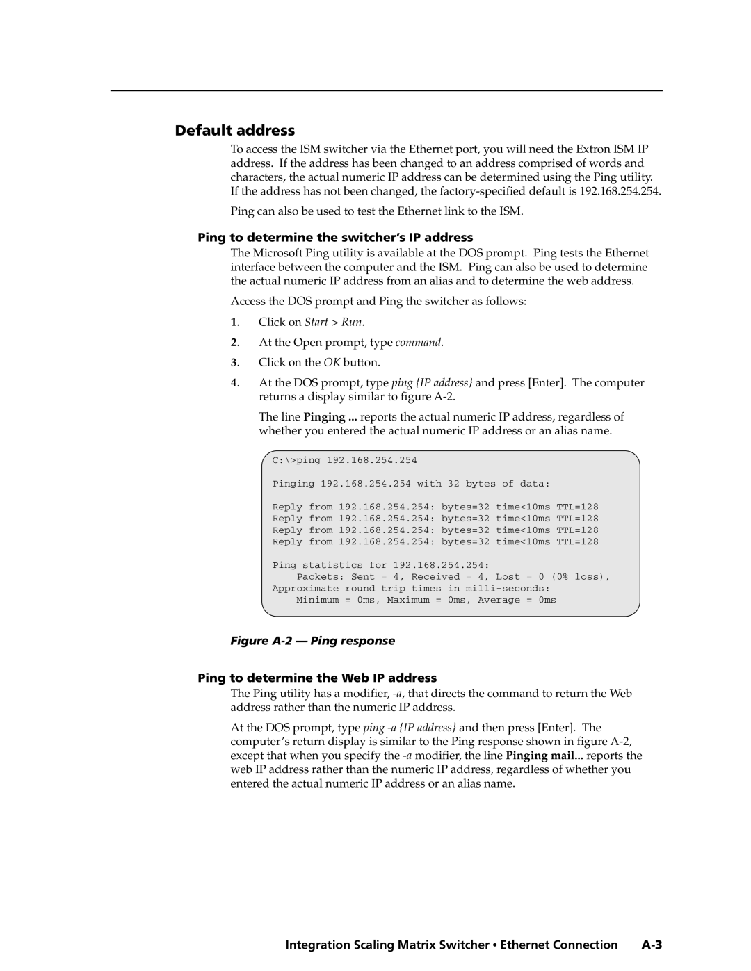 Extron electronic ISM 182 manual Ping to determine the switcher’s IP address, Ping to determine the Web IP address 