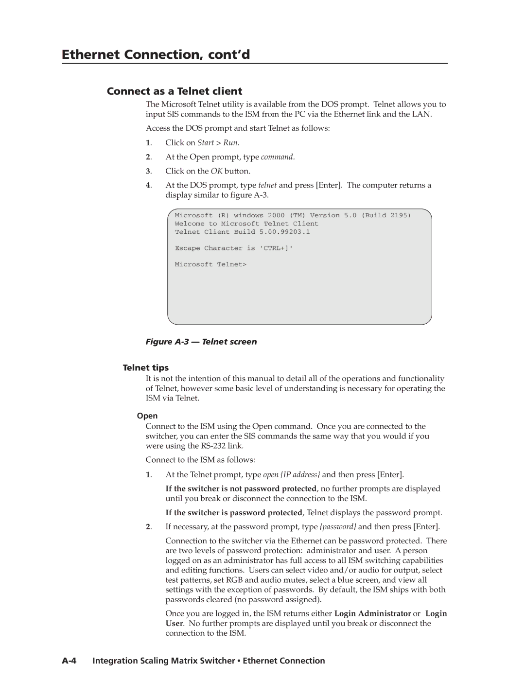 Extron electronic ISM 182 manual Connect as a Telnet client, Telnet tips, Open 