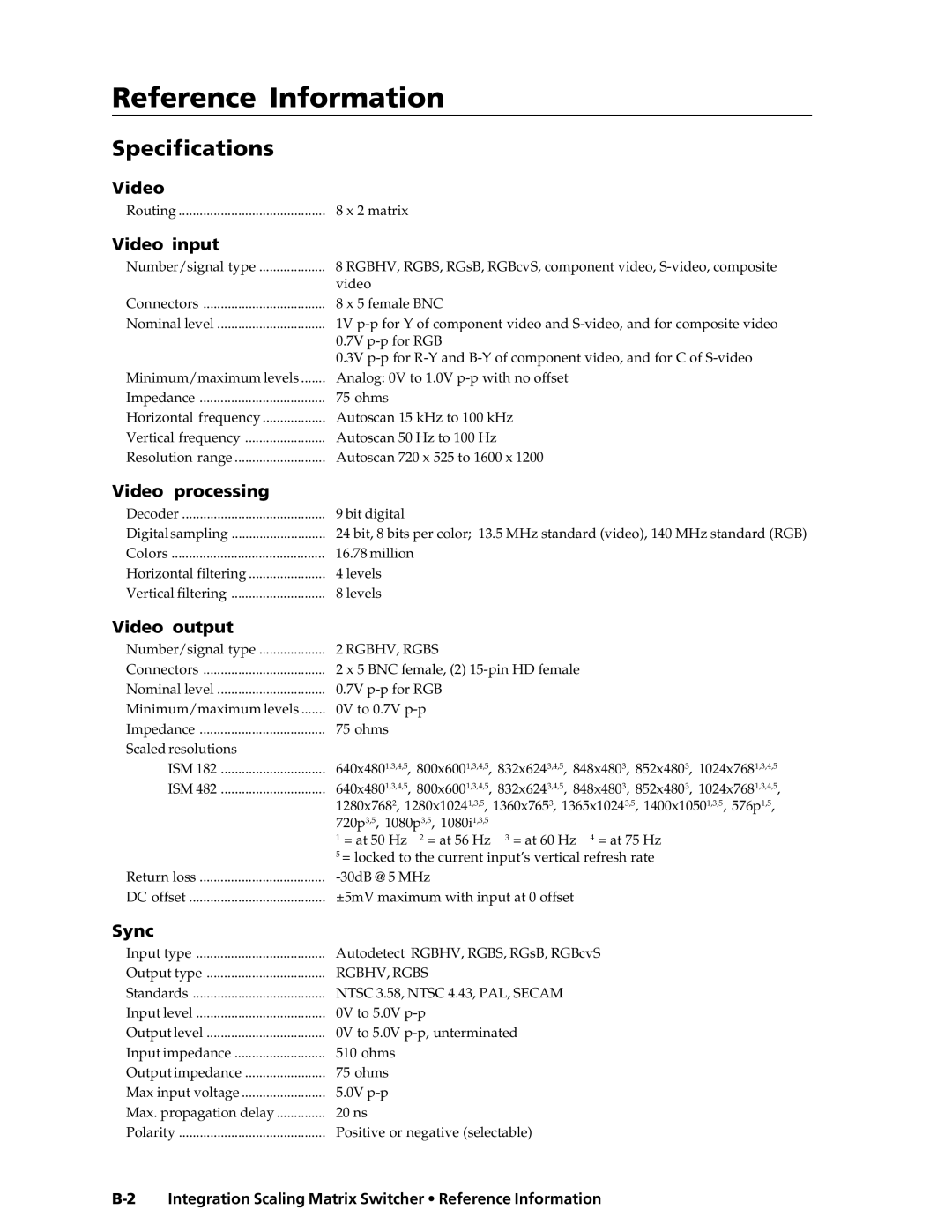 Extron electronic ISM 182 manual Specifications, Integration Scaling Matrix Switcher Reference Information 