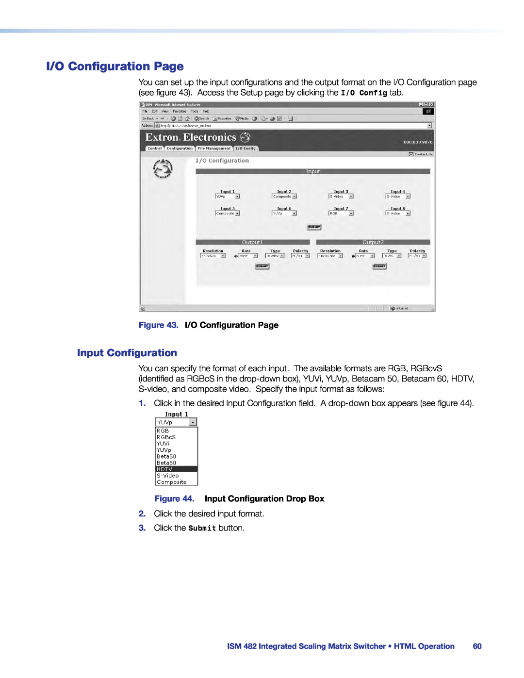 Extron electronic ISM 482 manual I/O Configuration Page, Input Configuration Drop Box 