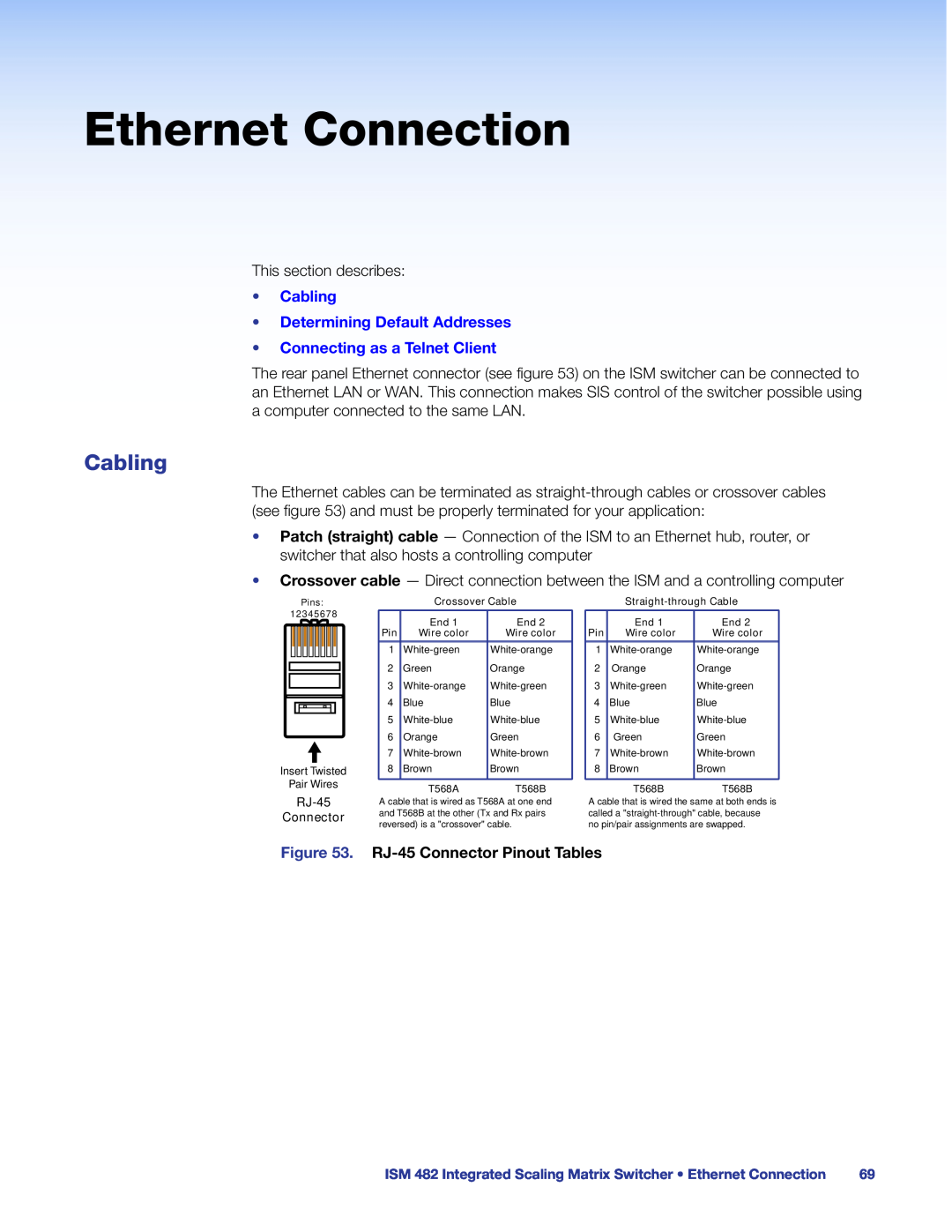 Extron electronic ISM 482 manual Ethernet Connection, Cabling, RJ-45 Connector Pinout Tables 
