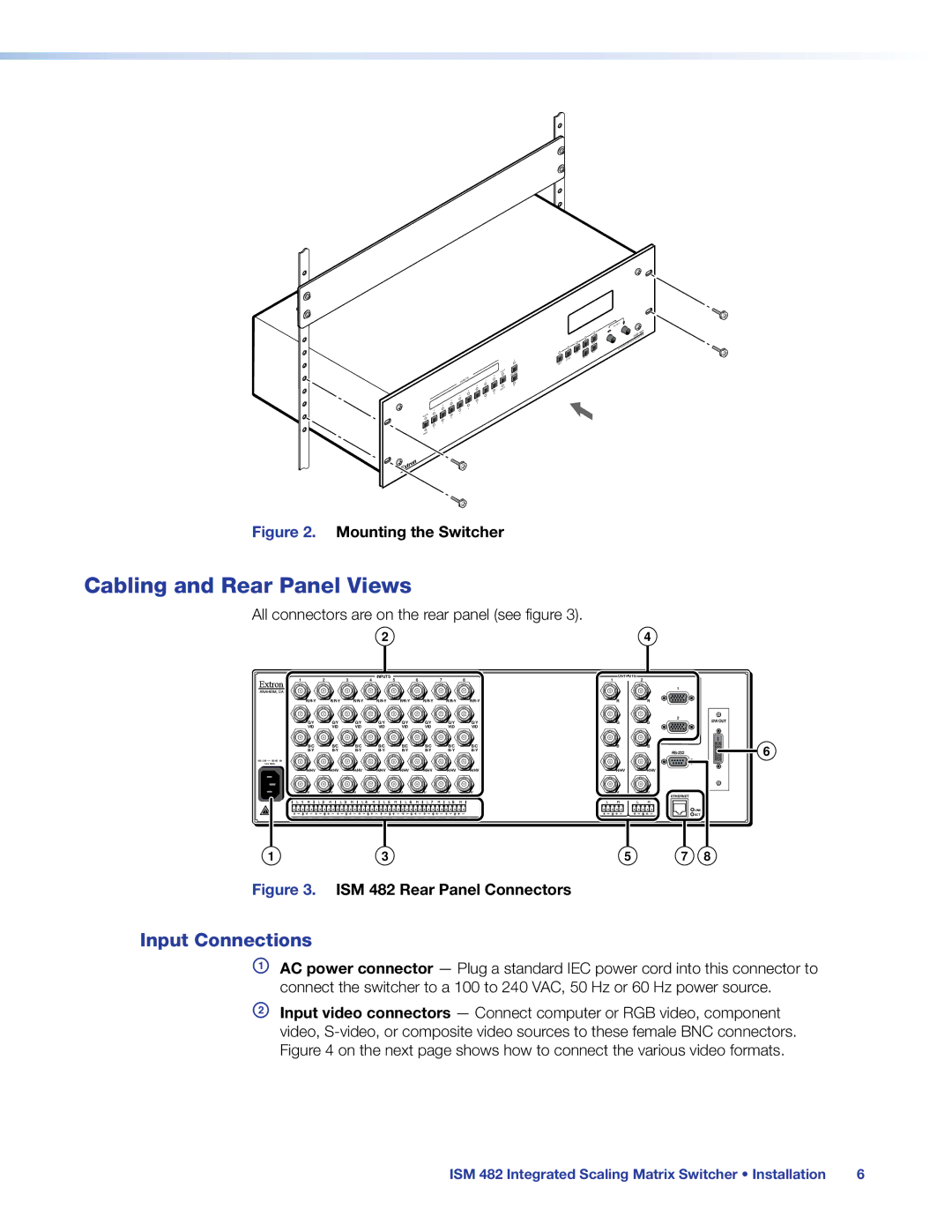 Extron electronic ISM 482 manual Cabling and Rear Panel Views, Input Connections 