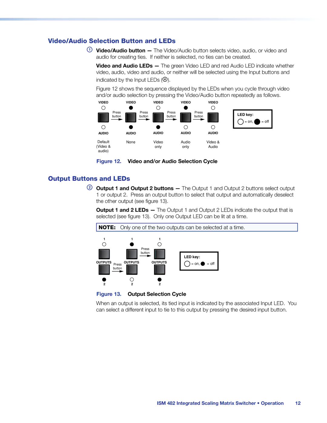 Extron electronic ISM 482 manual Video/Audio Selection Button and LEDs, Output Buttons and LEDs 