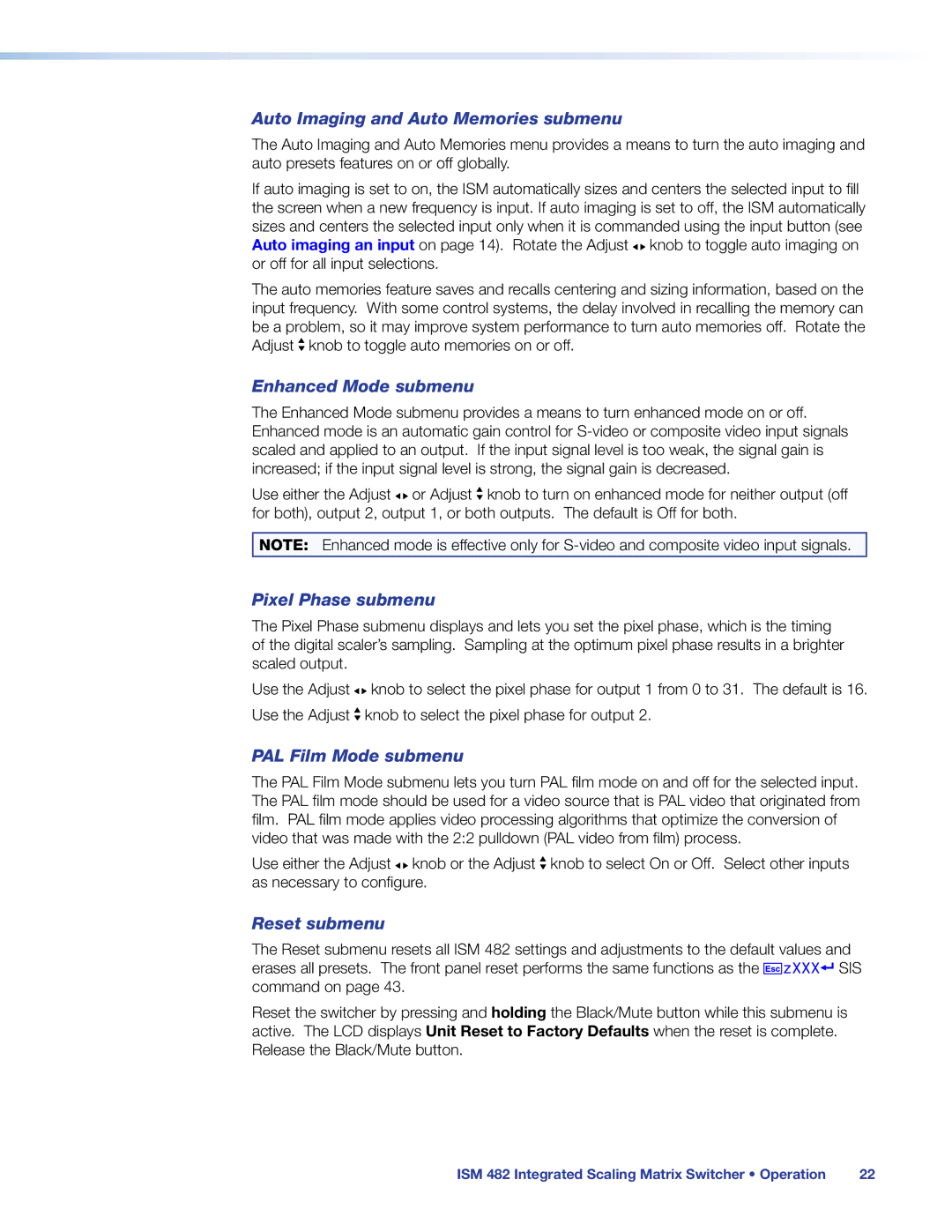 Extron electronic ISM 482 manual Auto Imaging and Auto Memories submenu, Enhanced Mode submenu, Pixel Phase submenu 