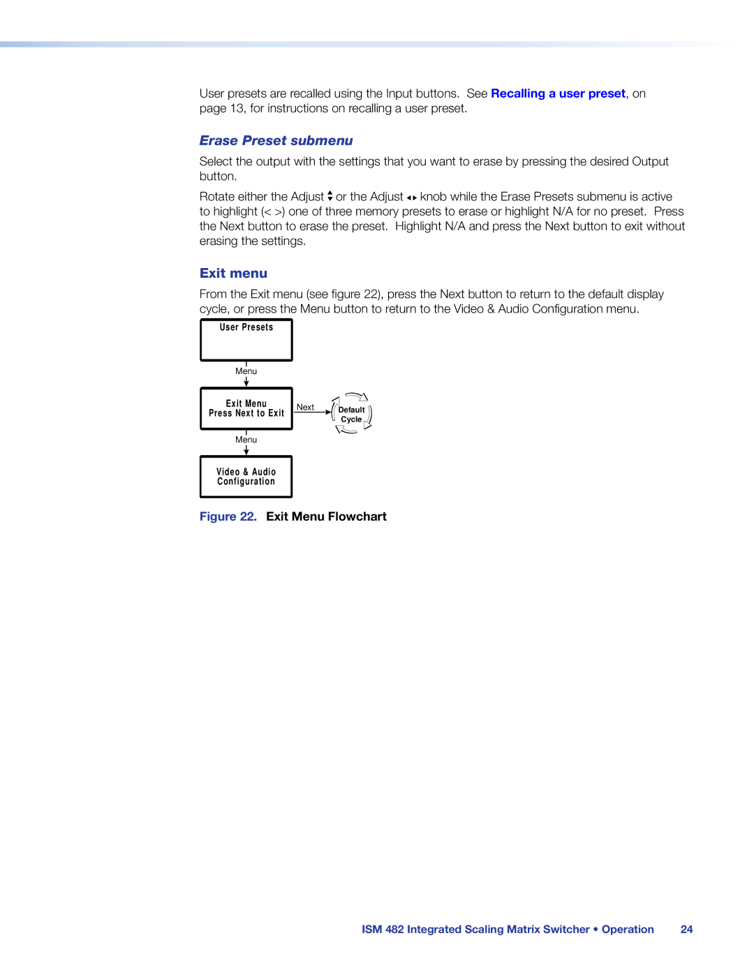 Extron electronic ISM 482 manual Erase Preset submenu, Exit menu 