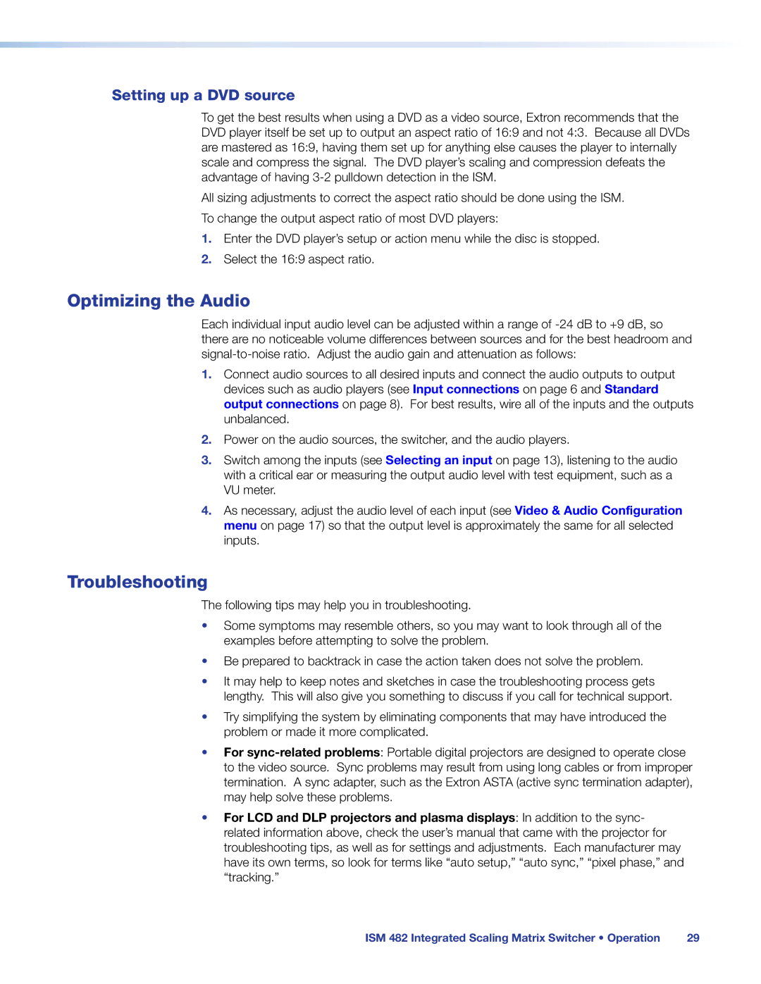 Extron electronic ISM 482 manual Optimizing the Audio, Troubleshooting, Setting up a DVD source 