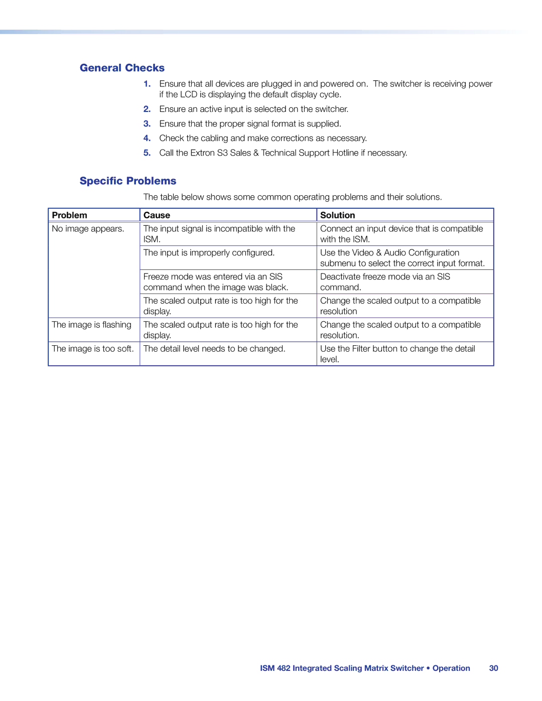 Extron electronic ISM 482 manual General Checks, Specific Problems 