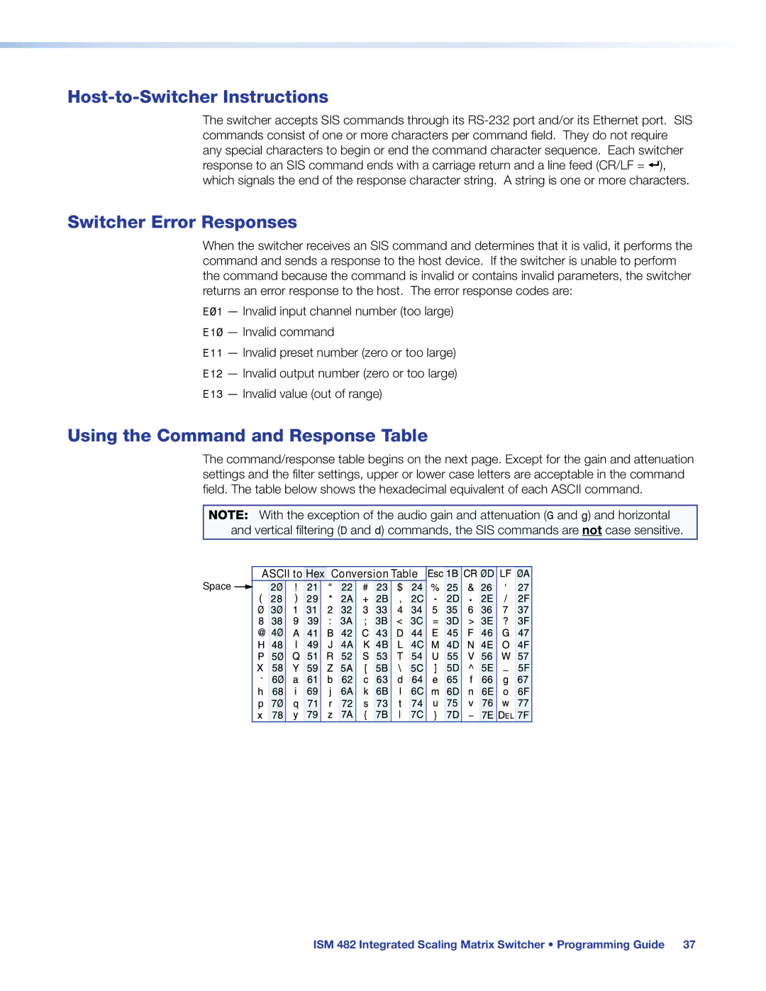 Extron electronic ISM 482 Host-to-Switcher Instructions, Switcher Error Responses, Using the Command and Response Table 