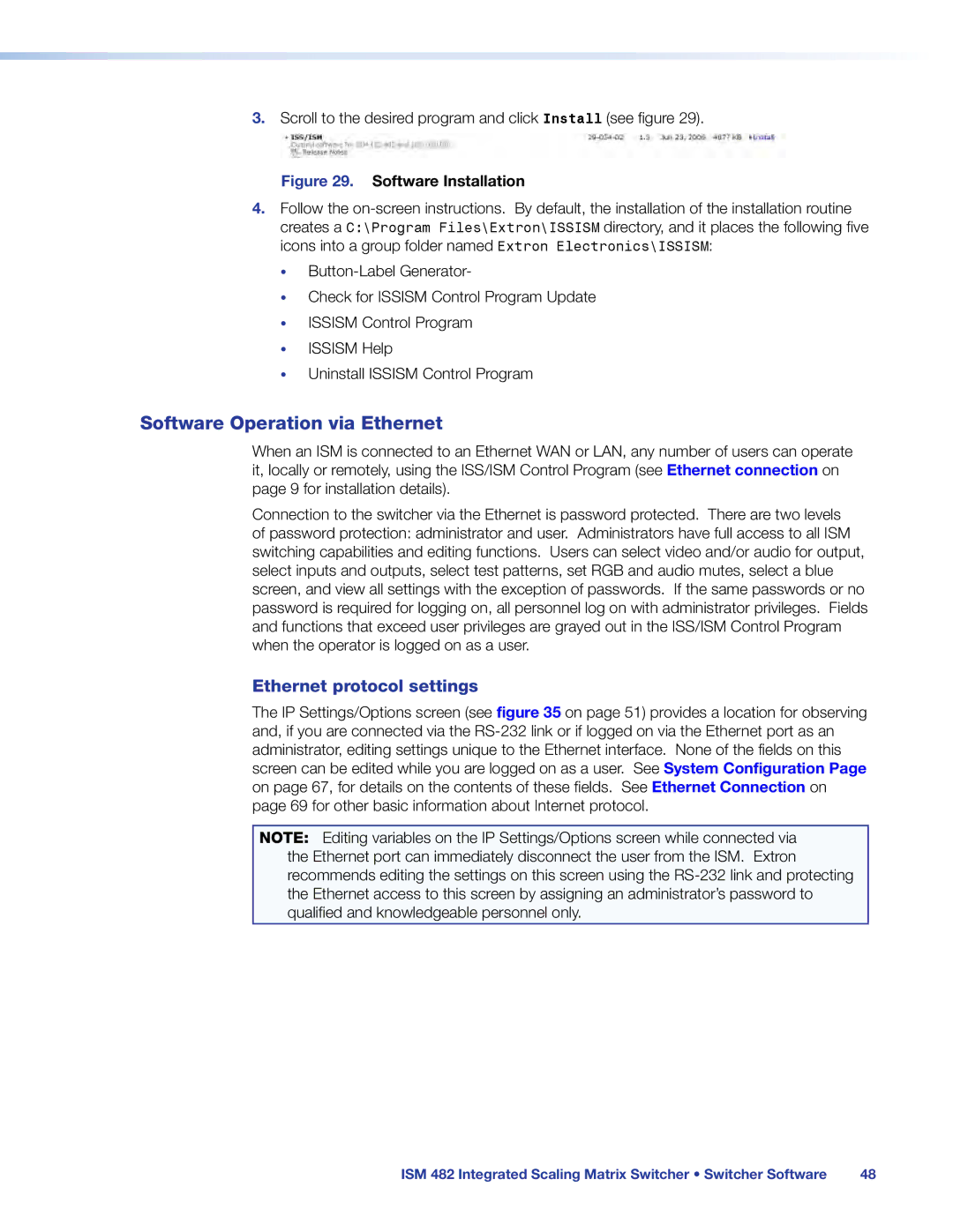 Extron electronic ISM 482 manual Software Operation via Ethernet, Ethernet protocol settings 