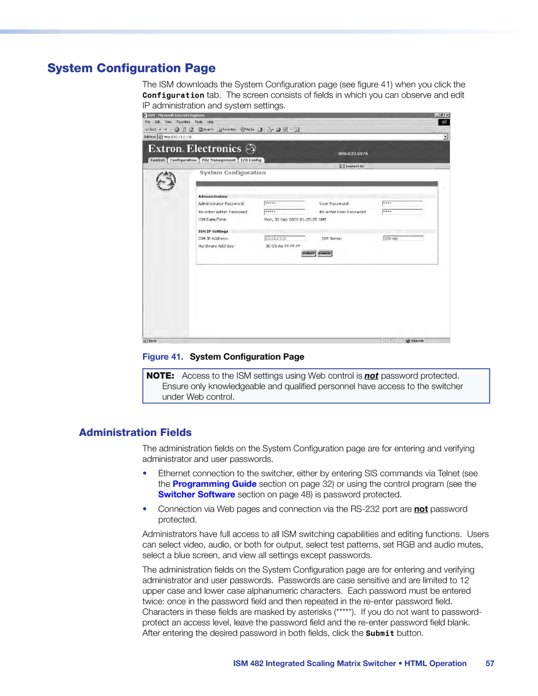 Extron electronic ISM 482 manual System Configuration, Administration Fields 